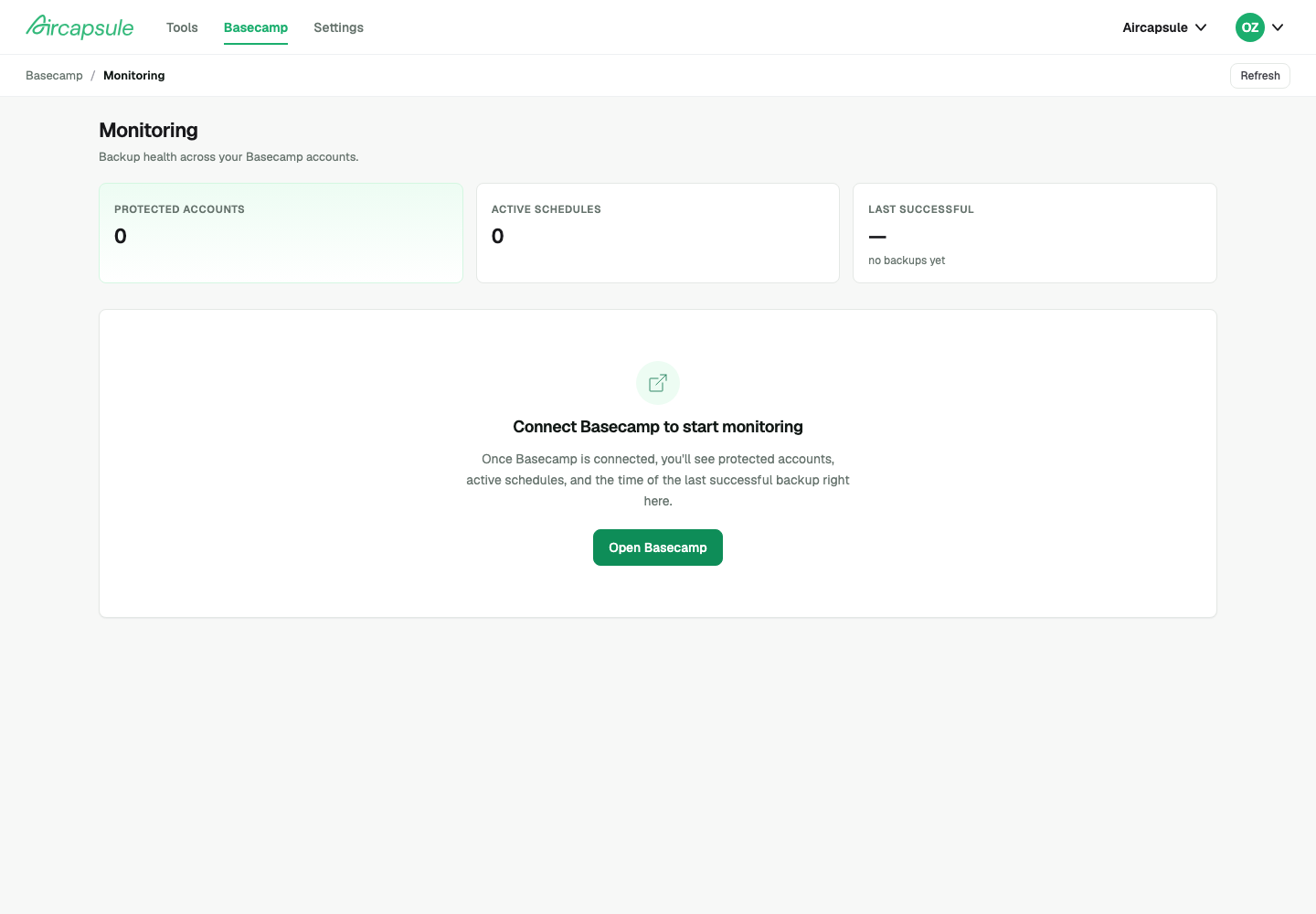 AirCapsule monitoring dashboard showing protected accounts, active schedules, and last successful backup